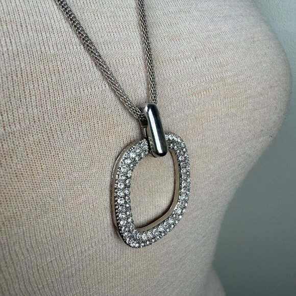 Silver Tone O Circle Rhinestone Modern Pendant Necklace 30.5 - 34.5" - Picture 6 of 7